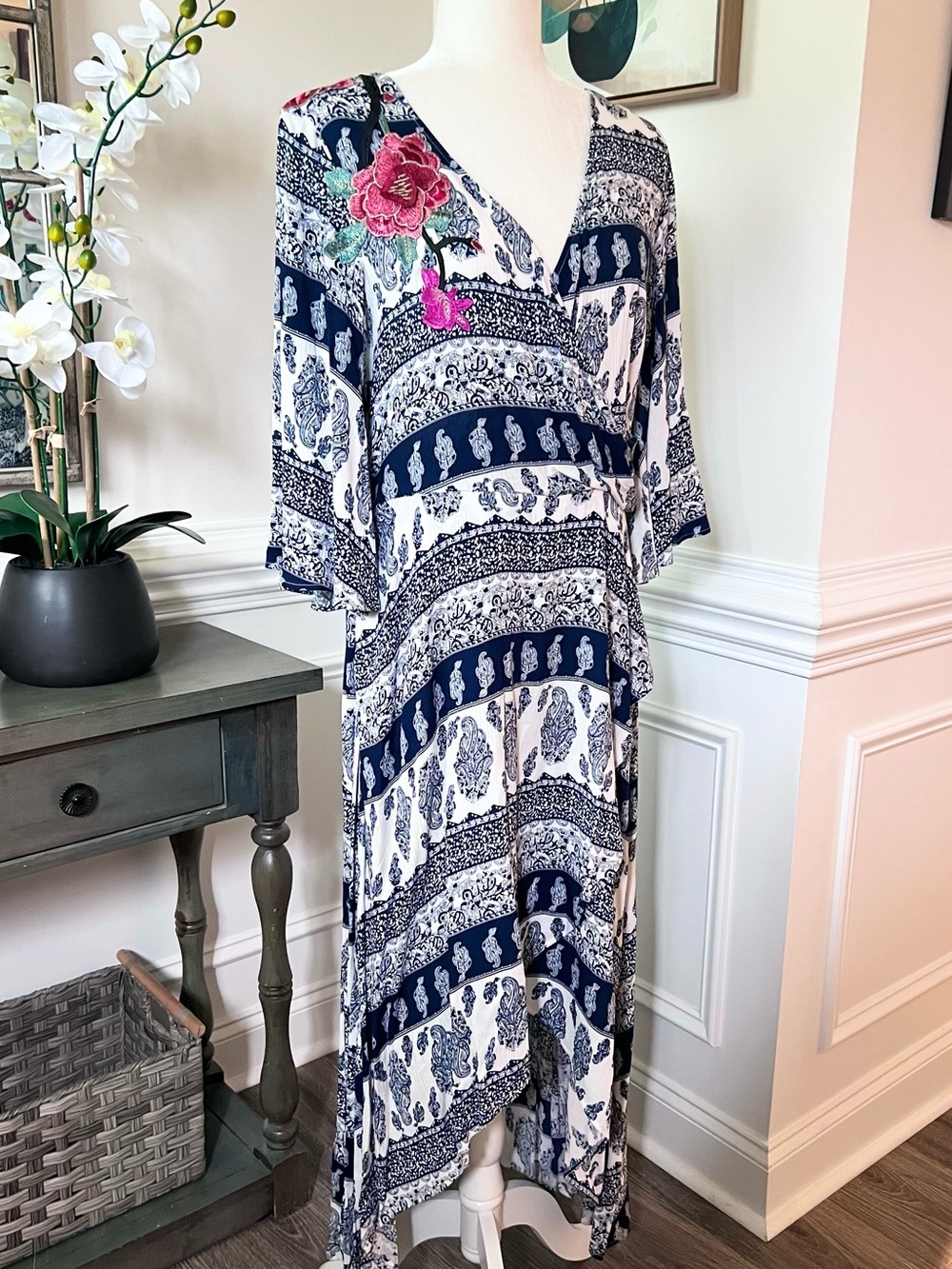Tribal Femme Blue and White Boho Faux Wrap Printed Maxi Dress Size M